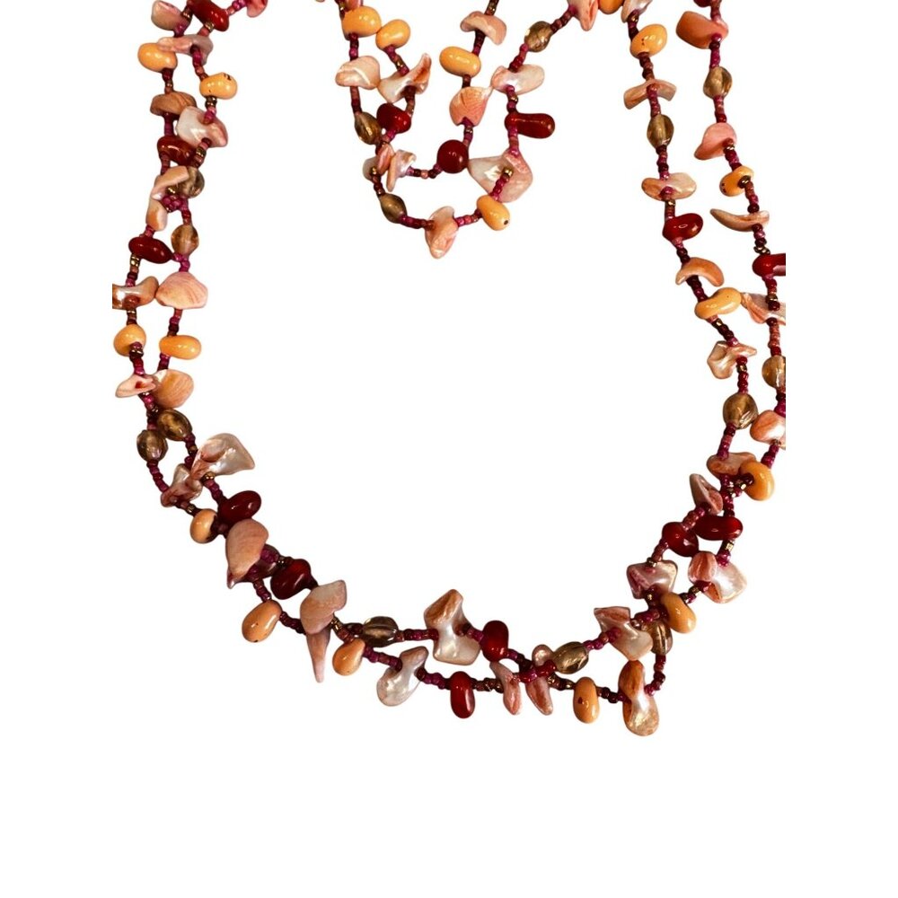 Vintage Hand Strung Shell Carnelian Agate Long Boho Beach Necklace 48 Inch - Picture 7 of 8